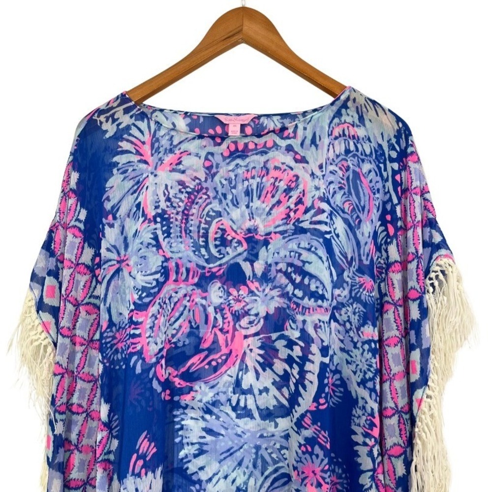 Lilly Pulitzer Fringe Kaftan Tunic Top XS Blue Pink Tropical Print Beach Boho - Picture 4 of 12